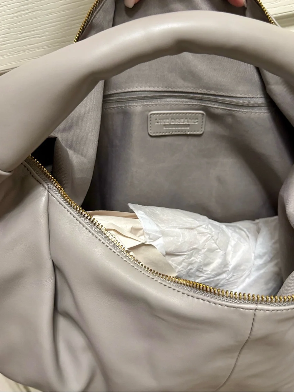 LIKE DREAMS Gray Crescent Hobo Shoulder Bag Gold Hardware Zip